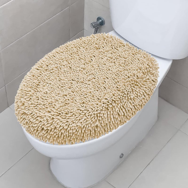 TREETONE Shaggy Chenille Bathroom Toilet Lid Cover, Ultra Soft Plush Seat Covers, Fluffy Absorbent, 19x21 Inches, Standard Toilet Lids for Bathroom Machine Wash & Dry, Beige - Image 1